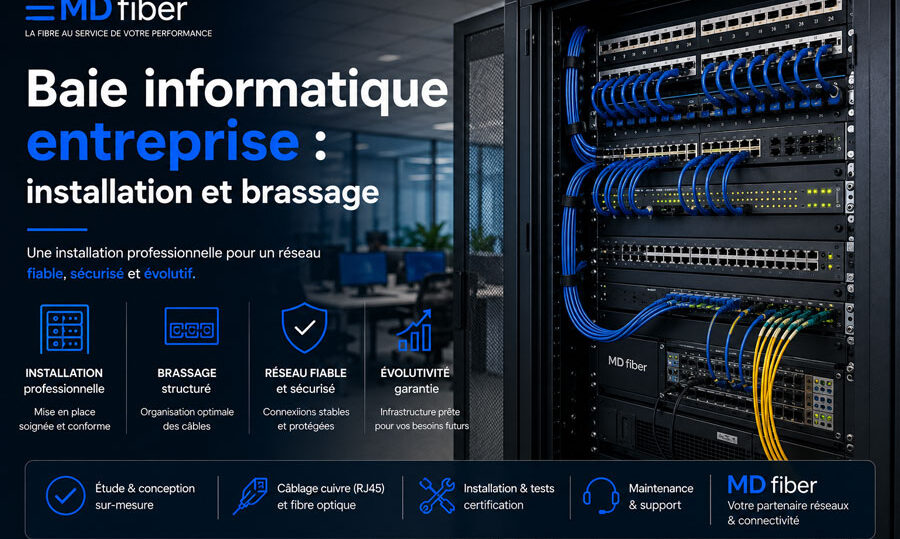 Baie informatique entreprise : découvrez comment choisir, dimensionner et organiser votre baie réseau, le brassage RJ45, les switchs, la fibre et l'alimentation.