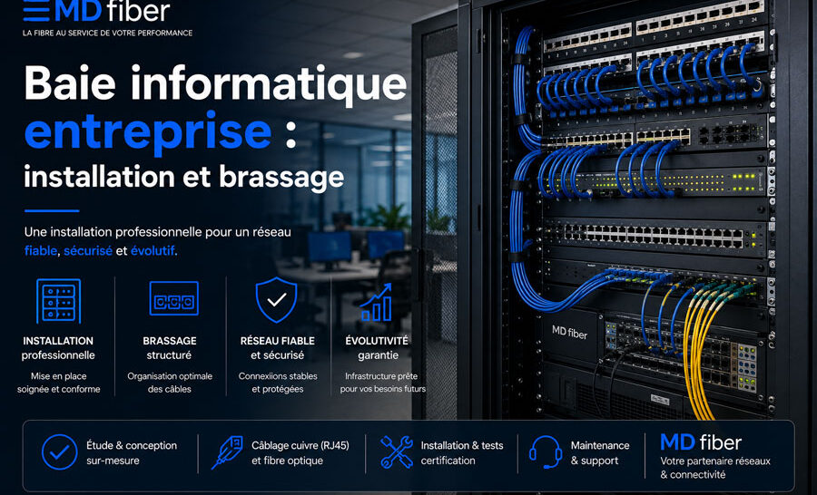 Baie informatique entreprise : découvrez comment choisir, dimensionner et organiser votre baie réseau, le brassage RJ45, les switchs, la fibre et l'alimentation.