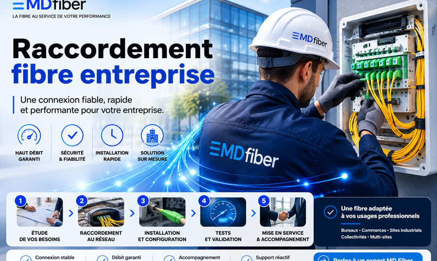 Raccordement fibre entreprise : découvrez les étapes, travaux, délais, coûts et différences FTTH/FTTO pour réussir votre projet avec MD Fiber.