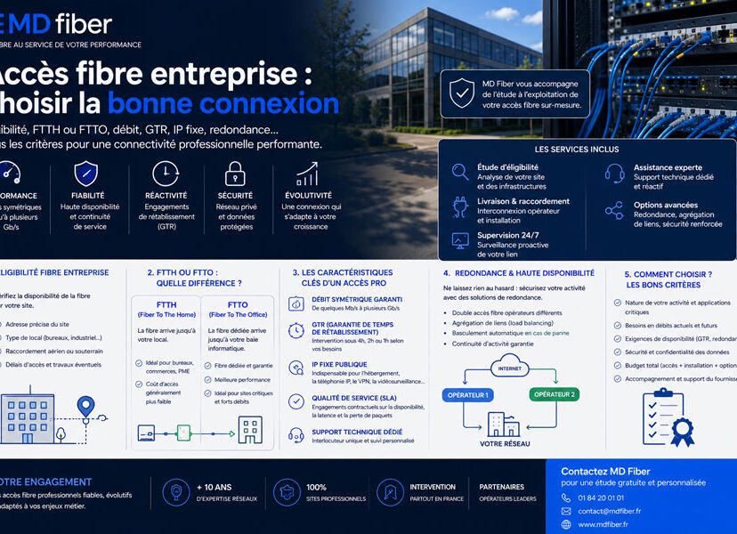 Accès fibre entreprise : éligibilité, FTTH ou FTTO, débit, GTR, IP fixe, redondance et critères pour choisir une connexion professionnelle.