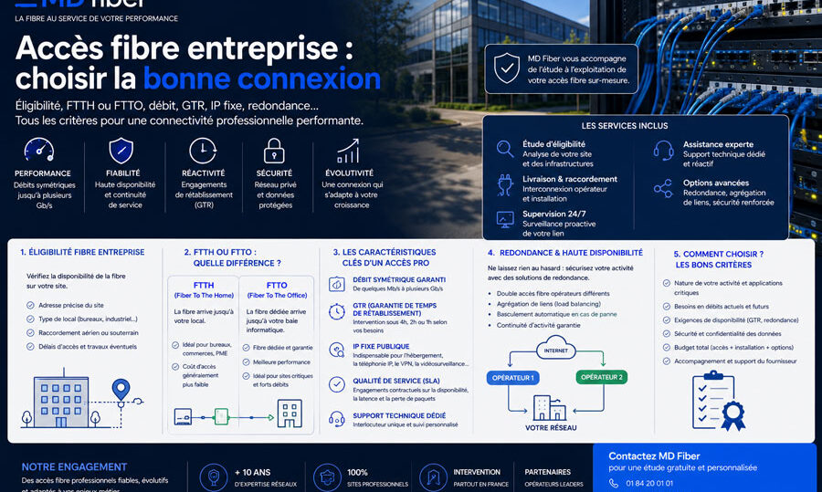 Accès fibre entreprise : éligibilité, FTTH ou FTTO, débit, GTR, IP fixe, redondance et critères pour choisir une connexion professionnelle.