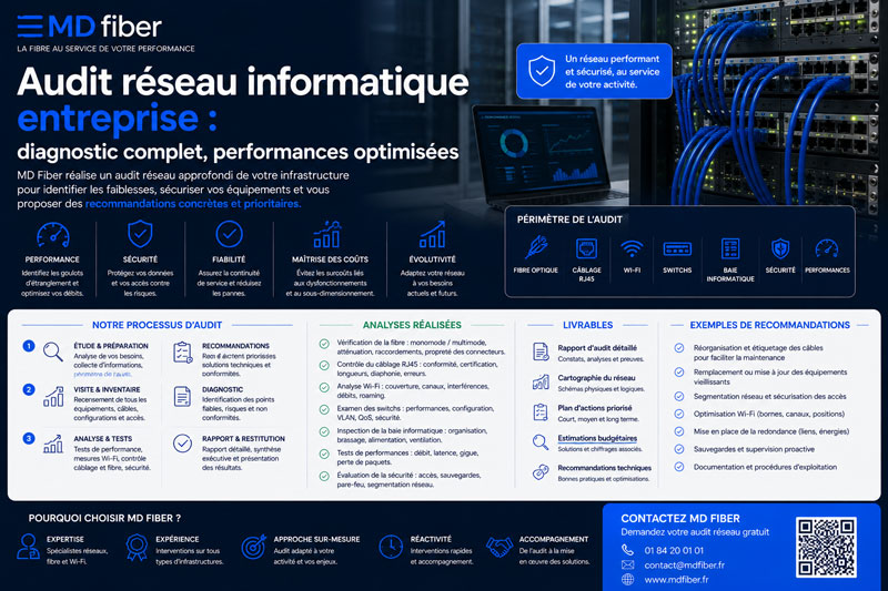 Audit réseau informatique entreprise : diagnostic fibre, RJ45, Wi-Fi, switchs, baie informatique, performances et recommandations pour optimiser votre réseau.