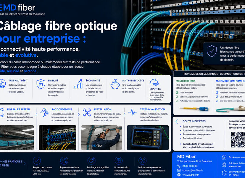 Câblage fibre optique pour entreprise : monomode, multimode, dorsales réseau, raccordement, installation, tests, coûts et bonnes pratiques MD Fiber.