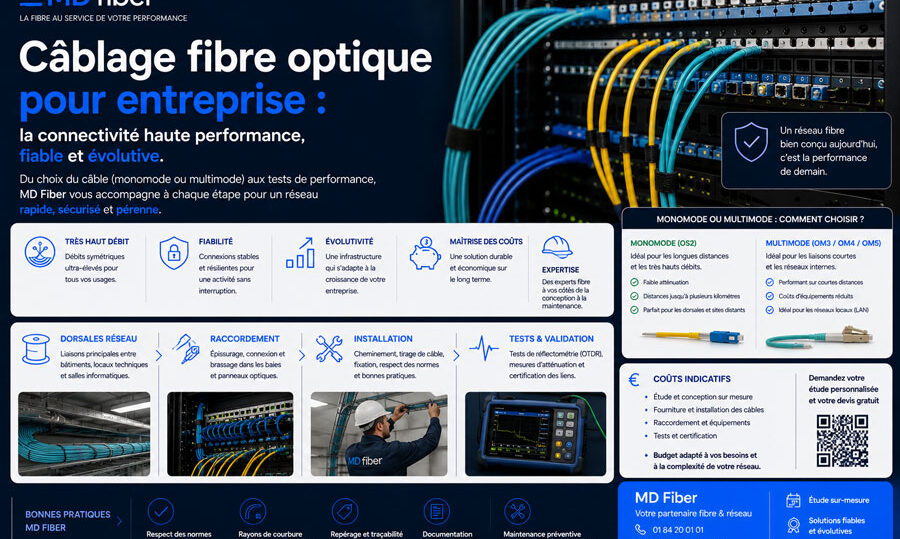 Câblage fibre optique pour entreprise : monomode, multimode, dorsales réseau, raccordement, installation, tests, coûts et bonnes pratiques MD Fiber.