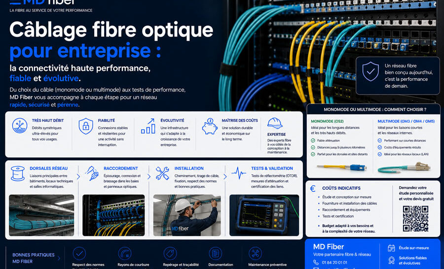 Câblage fibre optique pour entreprise : monomode, multimode, dorsales réseau, raccordement, installation, tests, coûts et bonnes pratiques MD Fiber.
