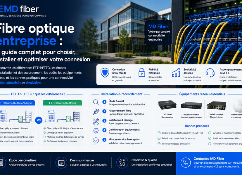 Fibre optique entreprise : découvrez les différences FTTH/FTTO, l'installation, le raccordement, les coûts, les équipements réseau et les bonnes pratiques MD Fiber.