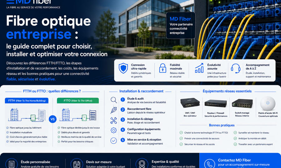 Fibre optique entreprise : découvrez les différences FTTH/FTTO, l'installation, le raccordement, les coûts, les équipements réseau et les bonnes pratiques MD Fiber.