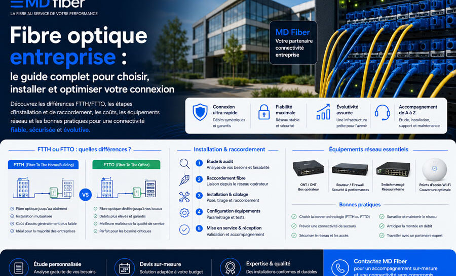 Fibre optique entreprise : découvrez les différences FTTH/FTTO, l'installation, le raccordement, les coûts, les équipements réseau et les bonnes pratiques MD Fiber.