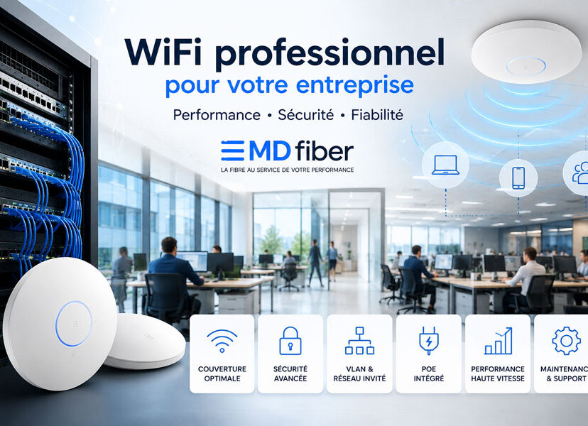 WiFi professionnel entreprise : audit, couverture, bornes WiFi 6/7, PoE, VLAN, sécurité, réseau invité, installation et maintenance avec MD Fiber.