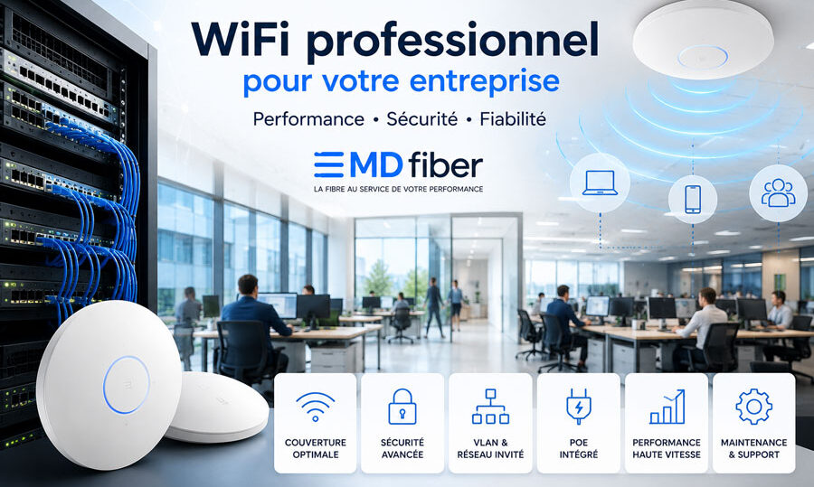 WiFi professionnel entreprise : audit, couverture, bornes WiFi 6/7, PoE, VLAN, sécurité, réseau invité, installation et maintenance avec MD Fiber.