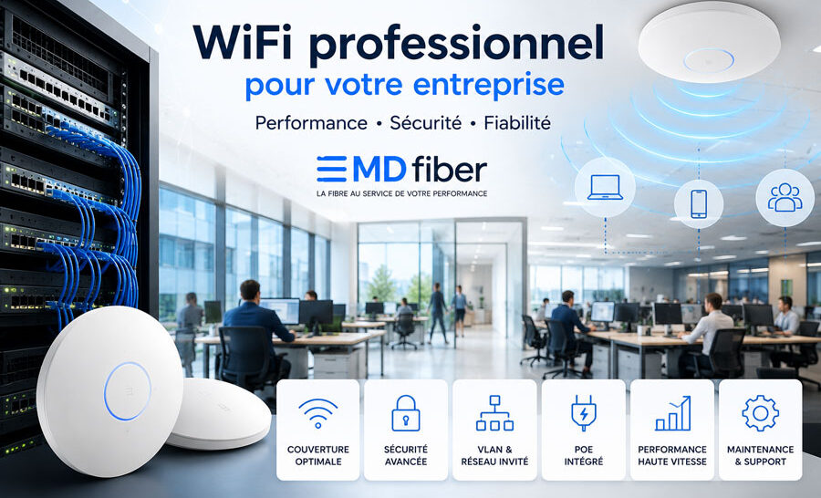 WiFi professionnel entreprise : audit, couverture, bornes WiFi 6/7, PoE, VLAN, sécurité, réseau invité, installation et maintenance avec MD Fiber.